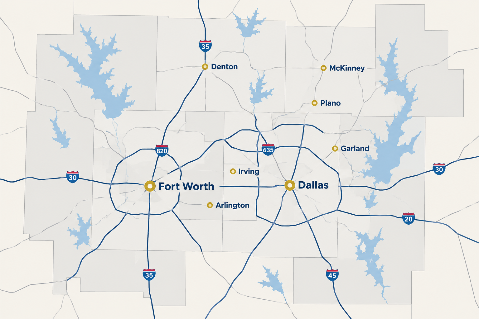 Illustrated map of the Dallas–Fort Worth Metroplex service area